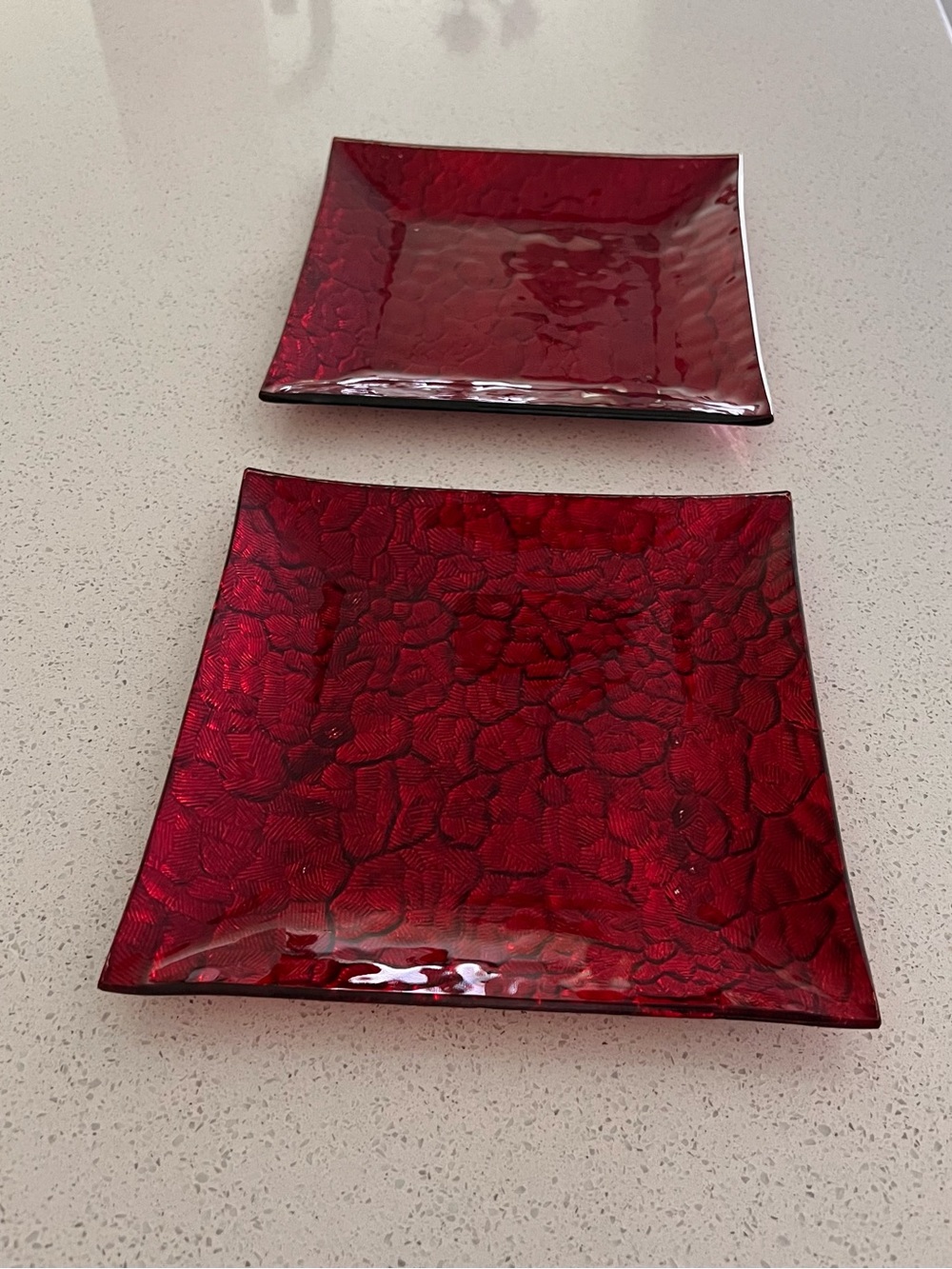 Set of (2) Ruby Red Textured Glass Decorative Plates - Coffee Table Accent Decor